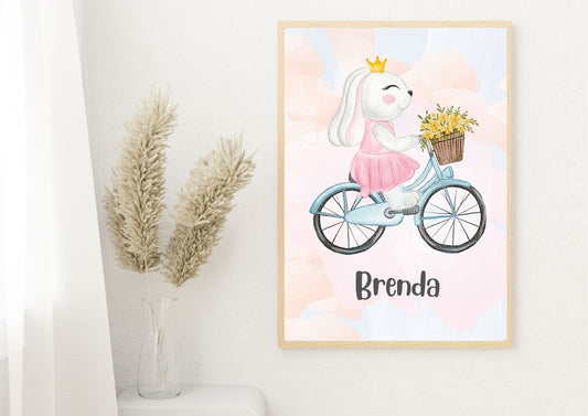 Personalized Baby Name Bunny Bike Nursery Poster