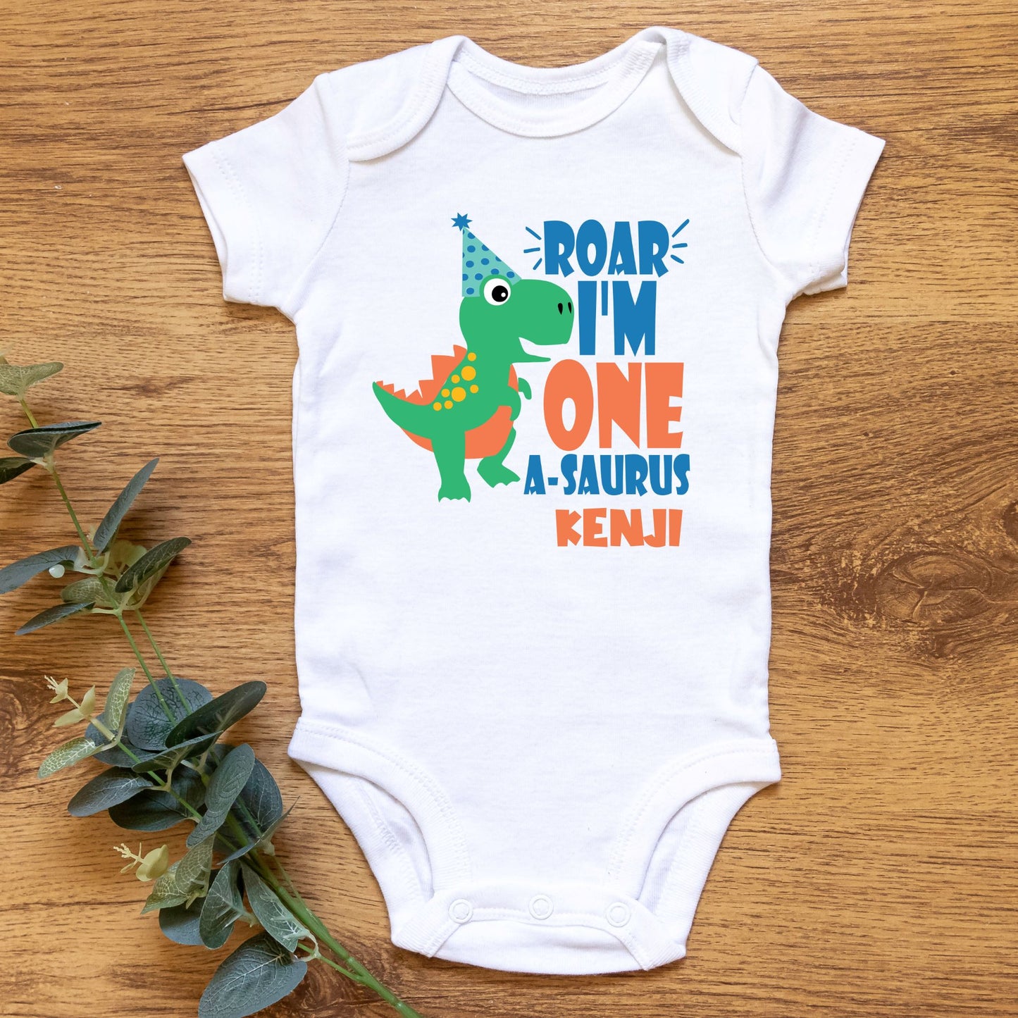 Personalized "Dino First Birthday" Baby Romper