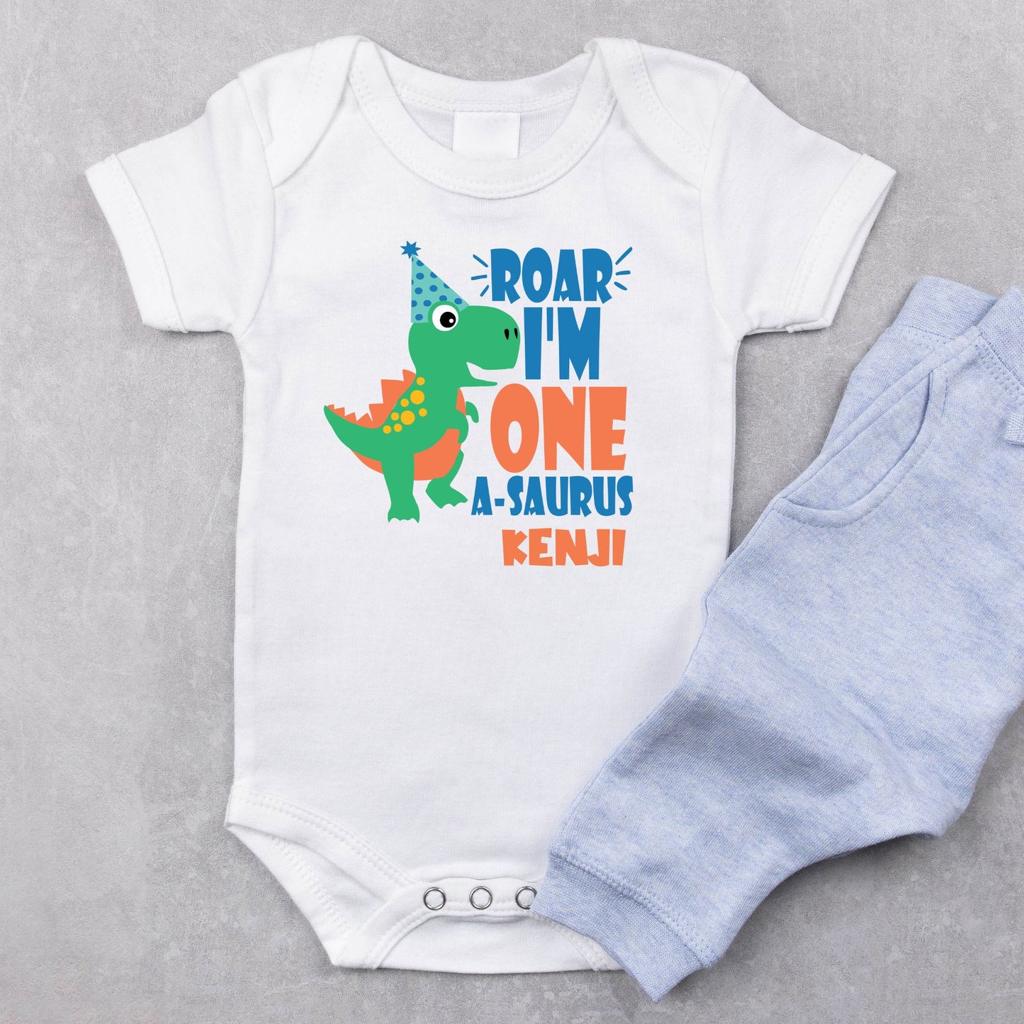 Personalized "Dino First Birthday" Baby Romper