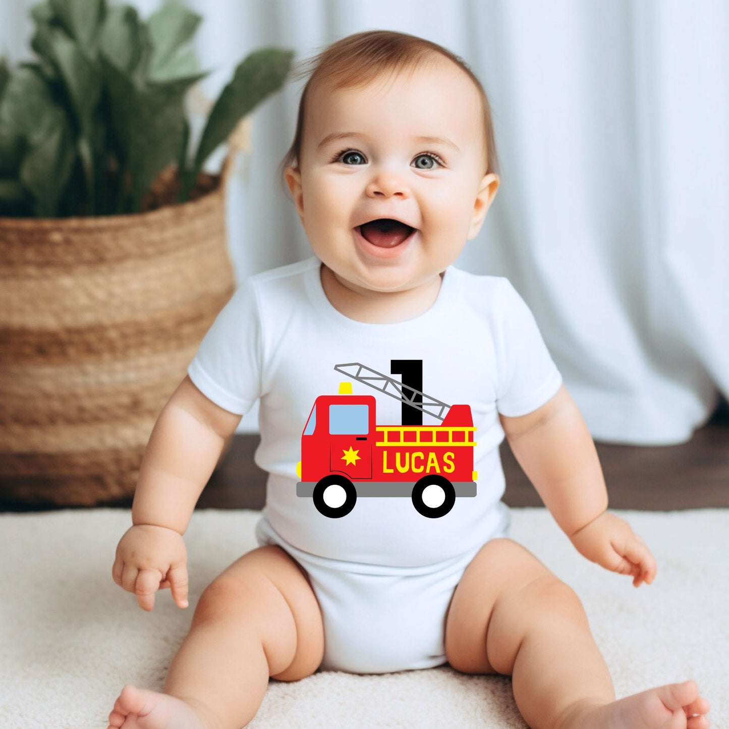 Personalized "Fire Truck" Birthday Romper / Baby T-Shirt