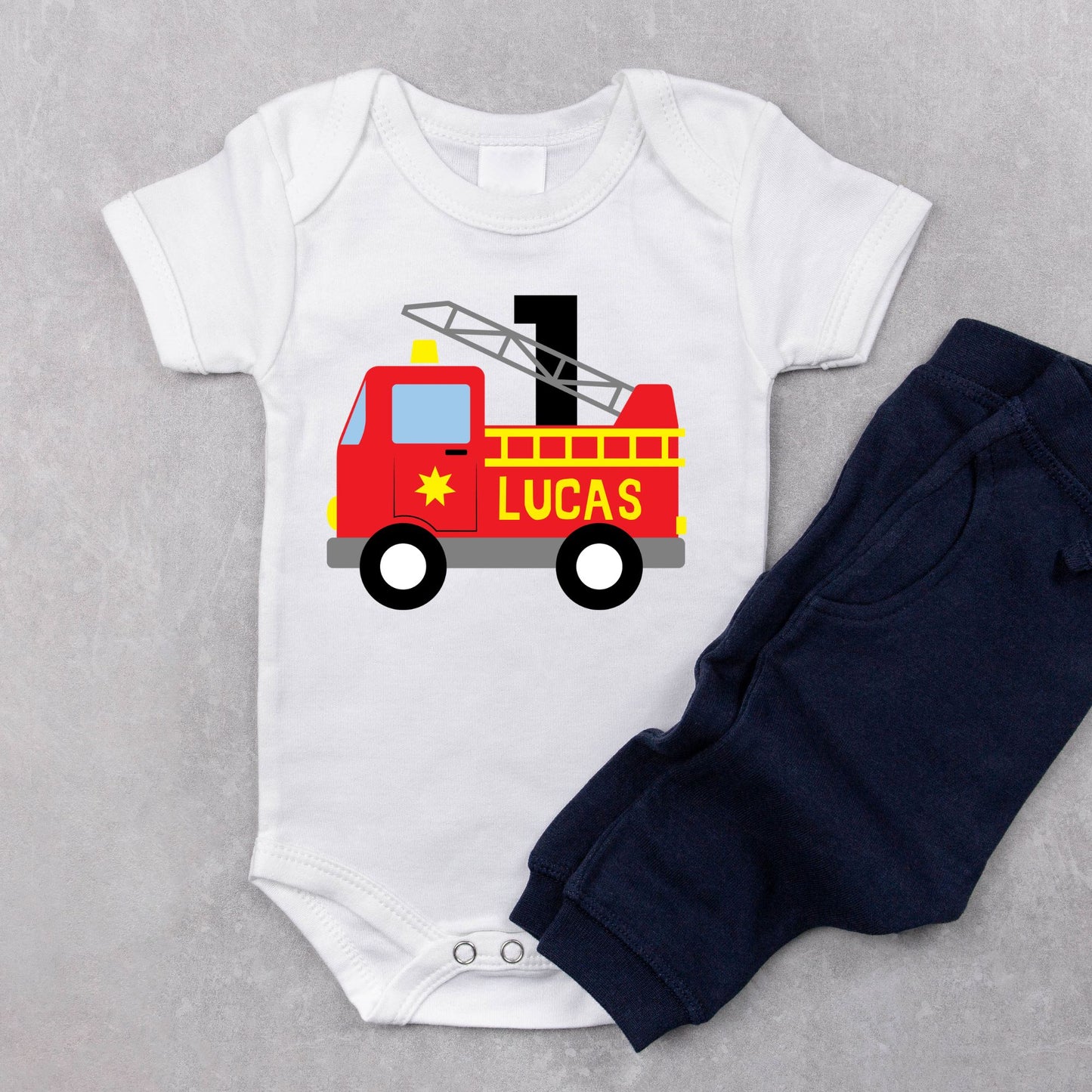 Personalized "Fire Truck" Birthday Romper / Baby T-Shirt