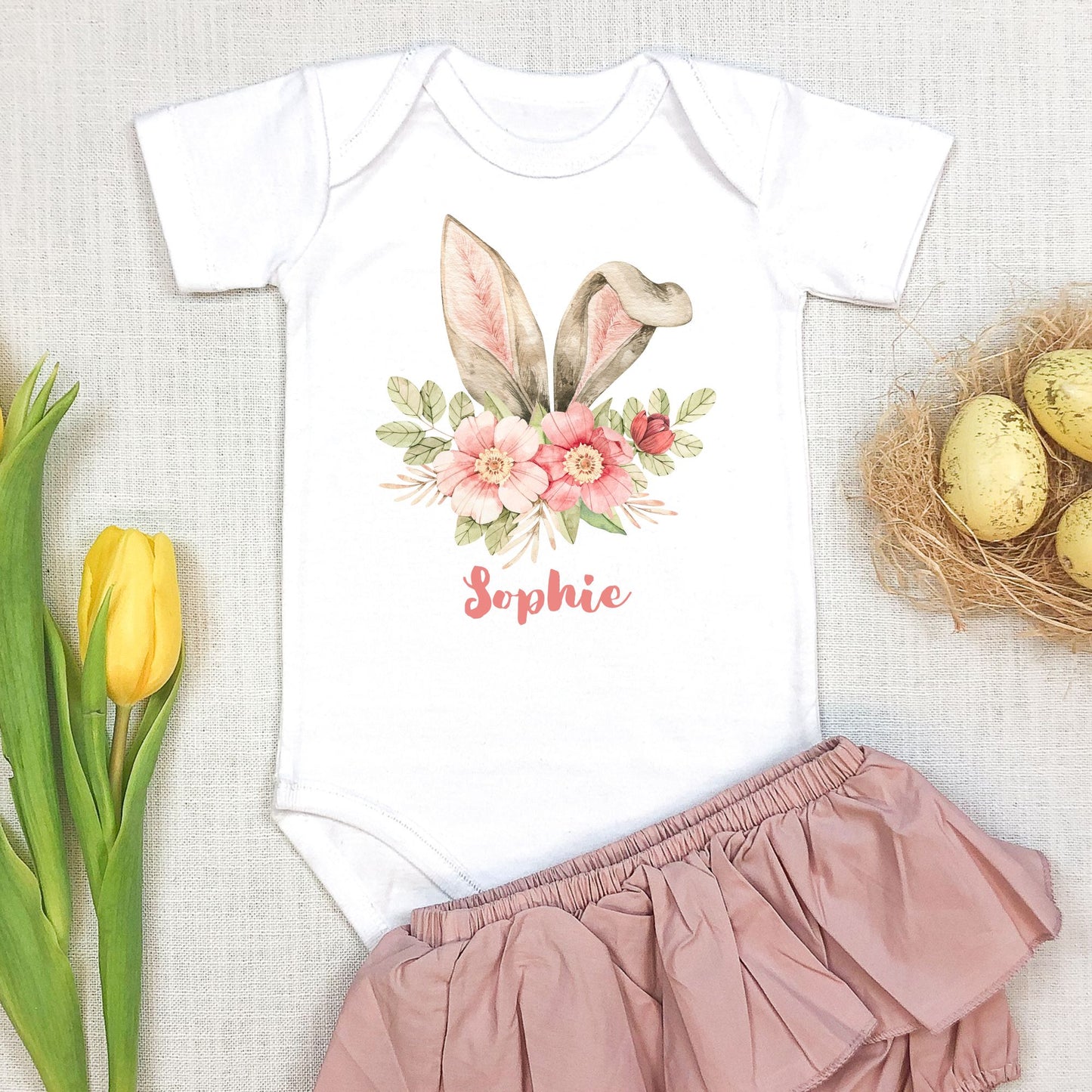 Personalized "Floral Bunny Ears" Baby Romper