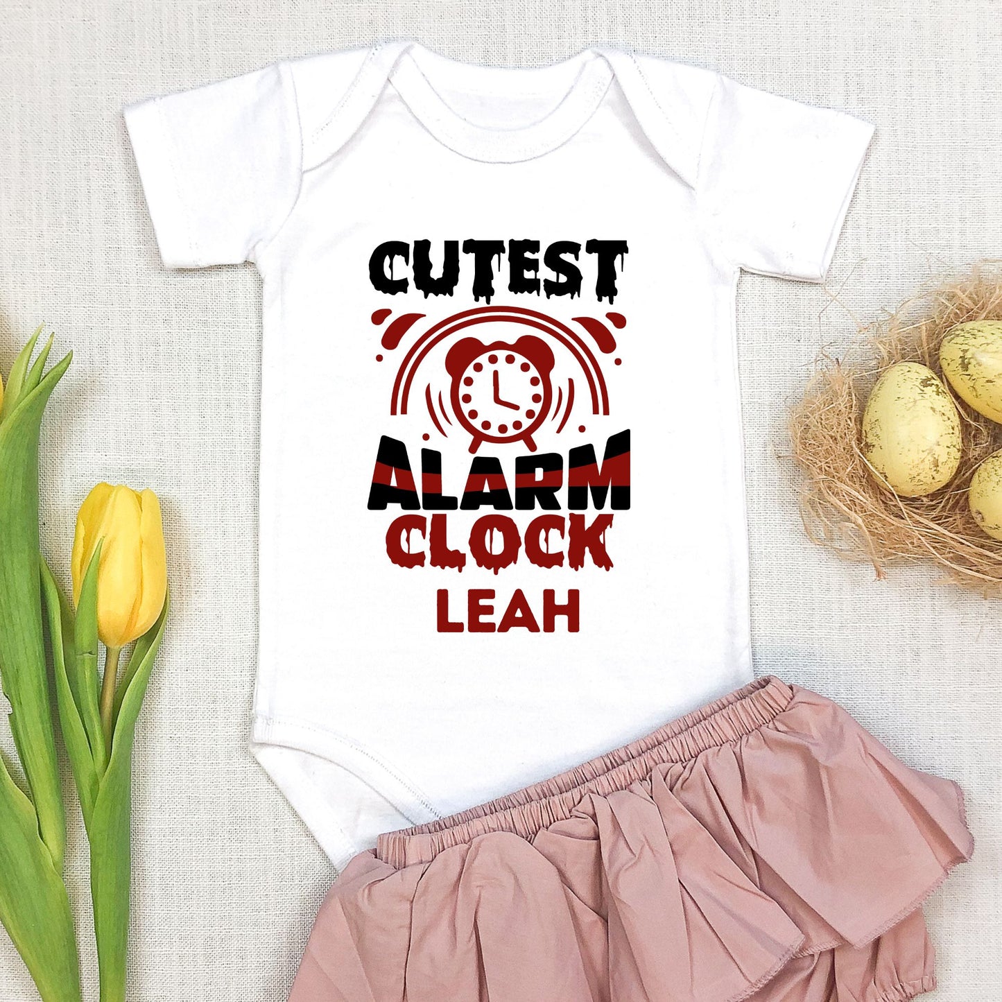 Personalized Name "Cutest Alarm Clock" Baby Romper