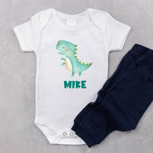 Personalized Name "Green Dino Joy" Dinosaur Onesie Baby Romper