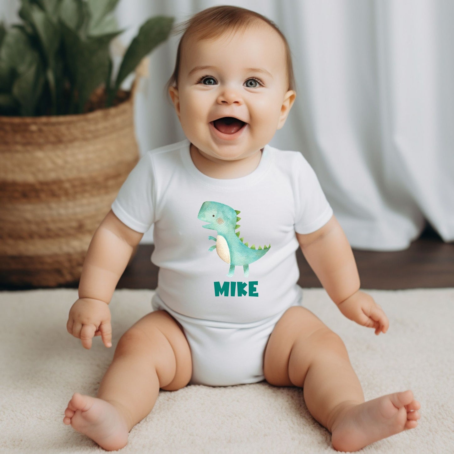 Personalized Name "Green Dino Joy" Baby Romper