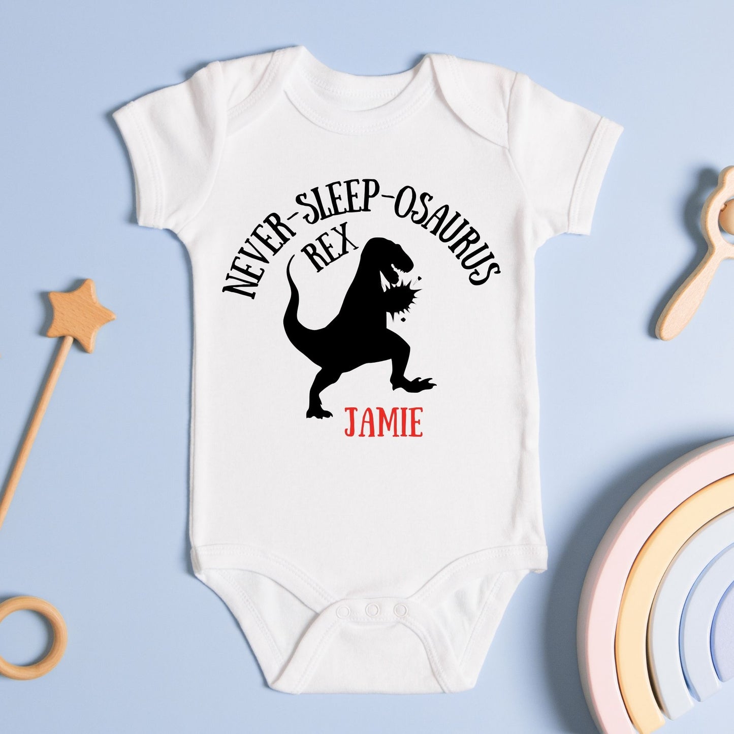 Personalized Name "Never-Sleep-O-Saurus Rex" Baby Romper