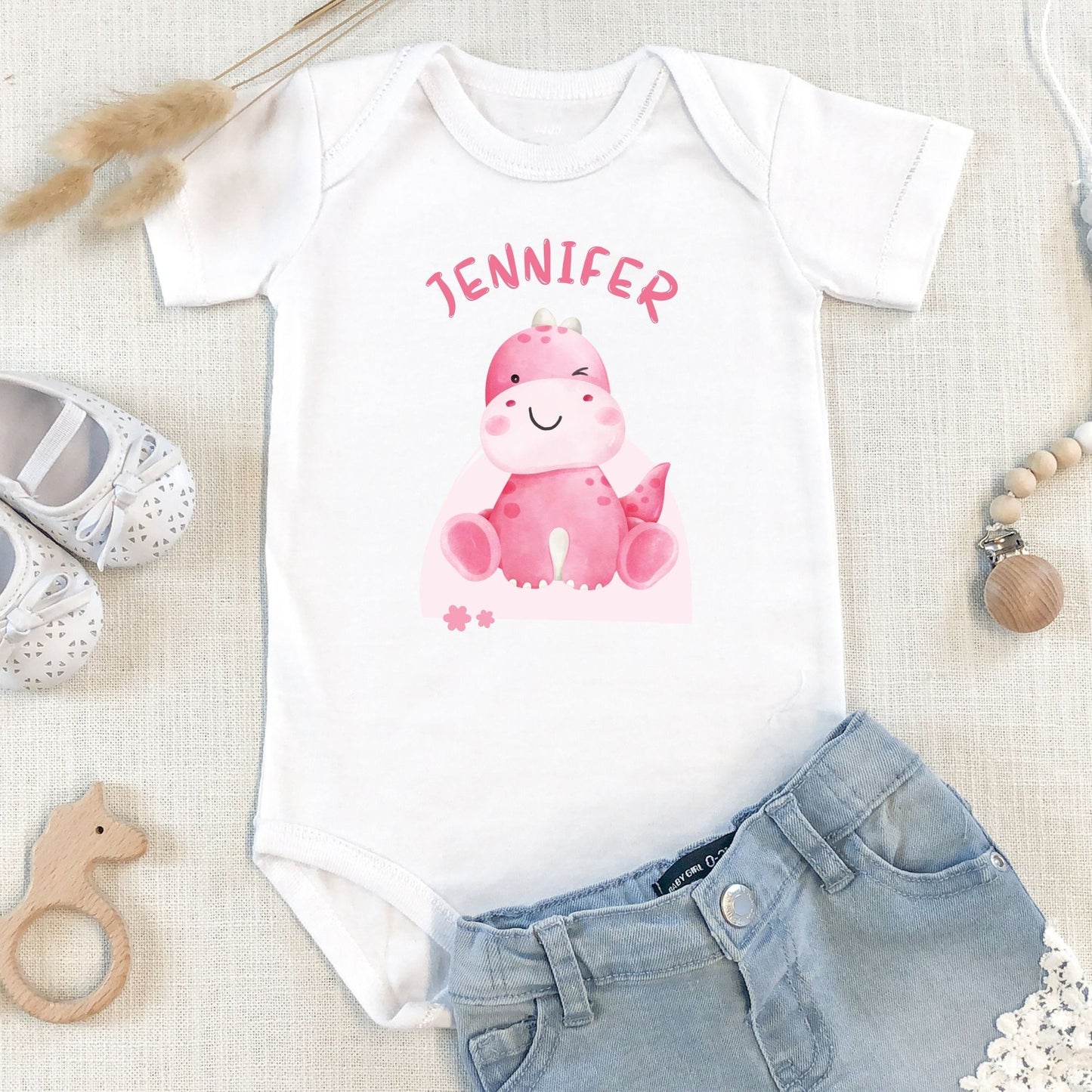 Personalized Name "Pink Dino Cuddle" Baby Romper