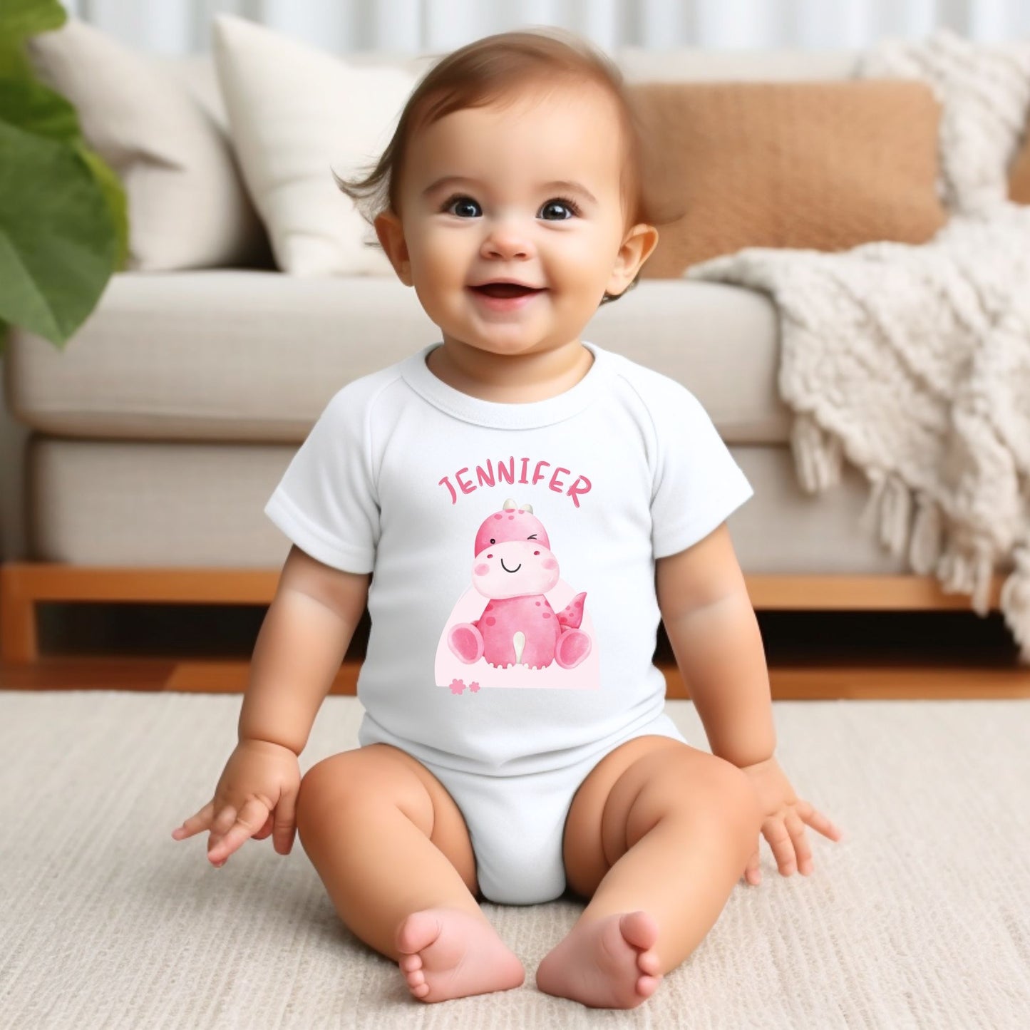 Personalized Name "Pink Dino Cuddle" Baby Romper