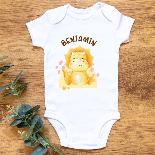 Personalized Name "Tiny Triceratops" Dinosaur Onesie Baby Romper