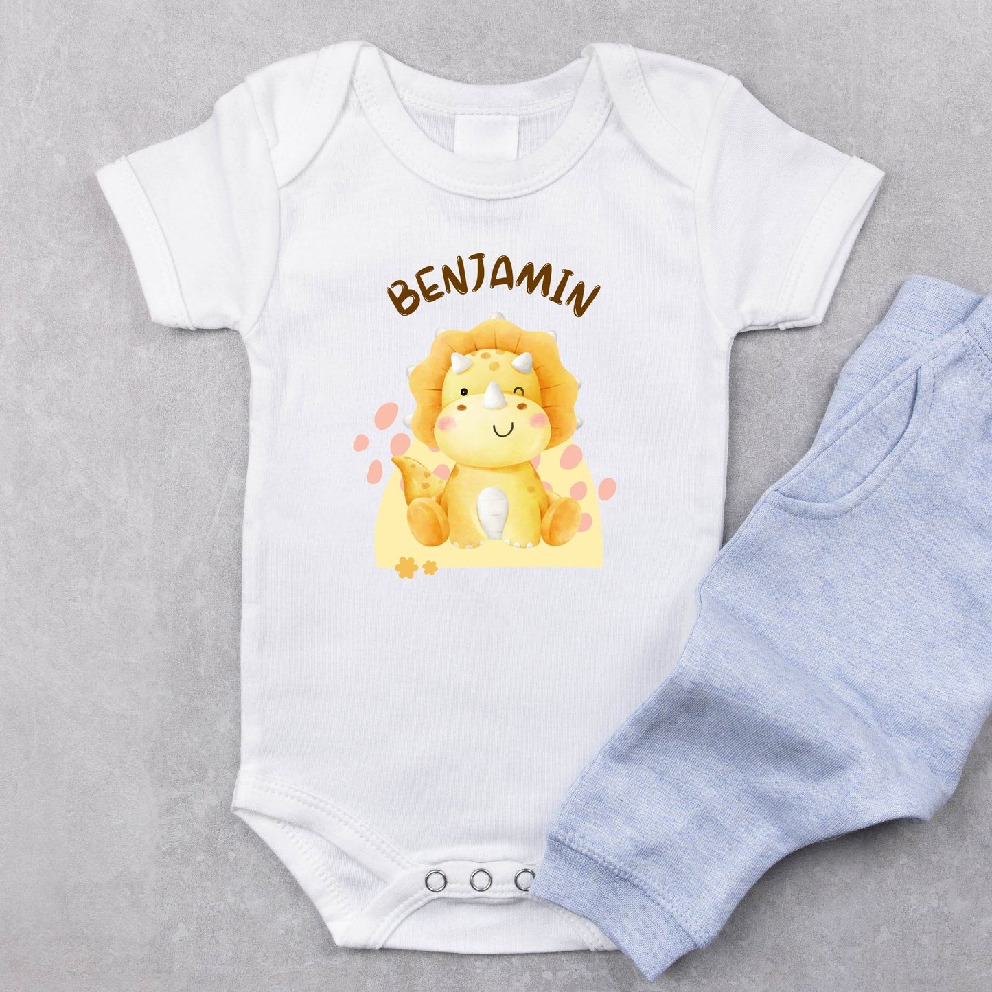 Personalized Name "Tiny Triceratops" Baby Romper