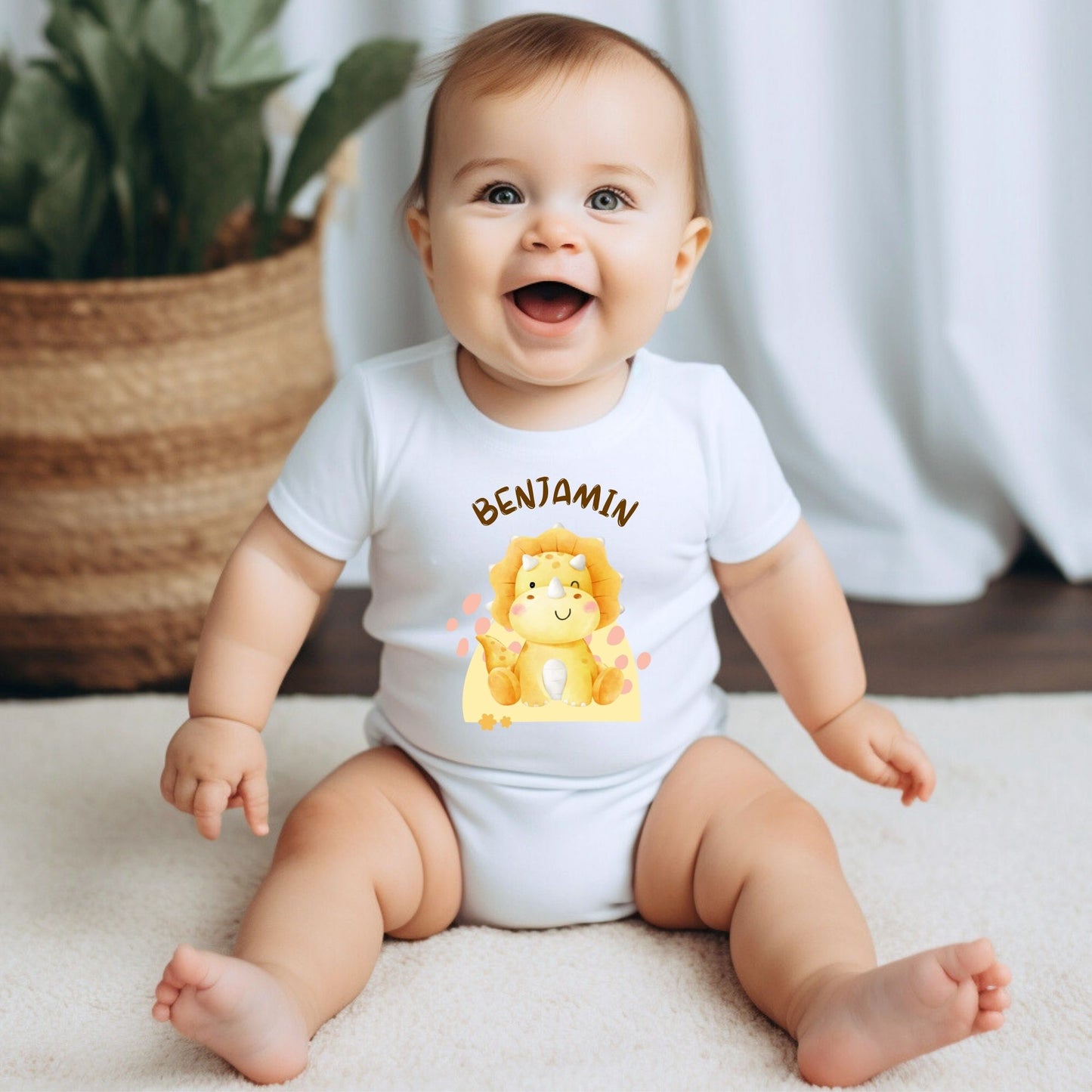 Personalized Name "Tiny Triceratops" Baby Romper