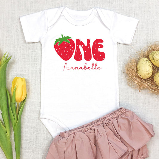 Personalized Strawberry "One" Birthday Baby Romper / Baby Tees