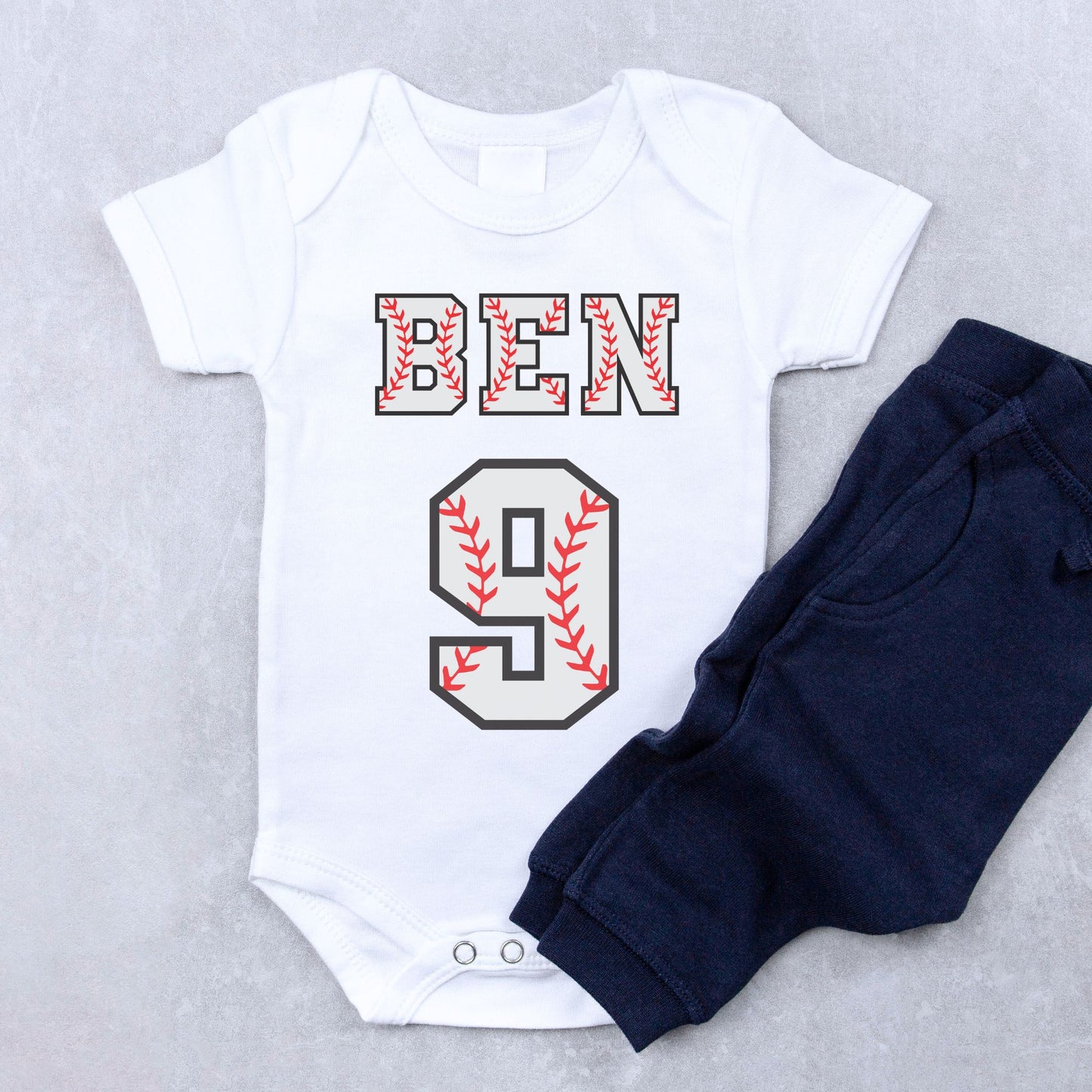 Personalized "Baseball Jersey Number" Baby Romper