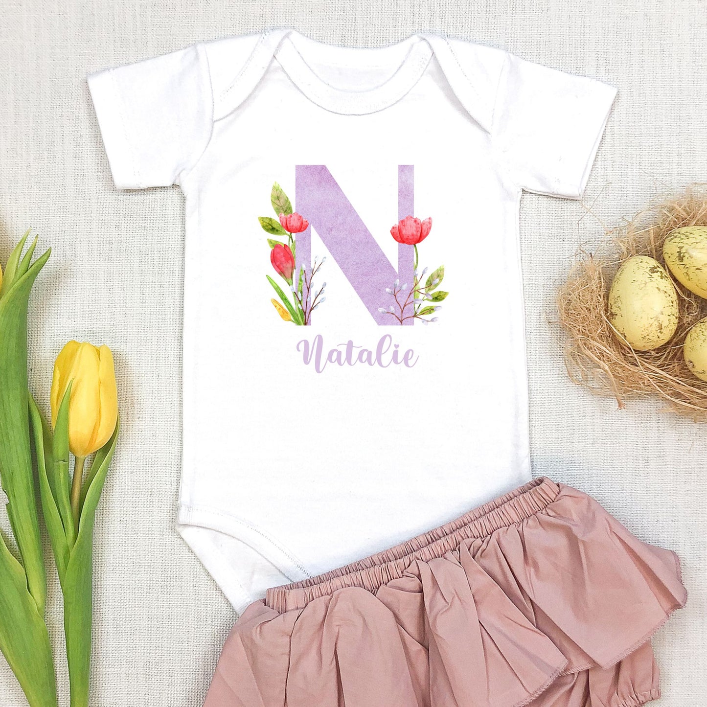 Personalized "Blooming Initial" Baby Romper / Baby Tees