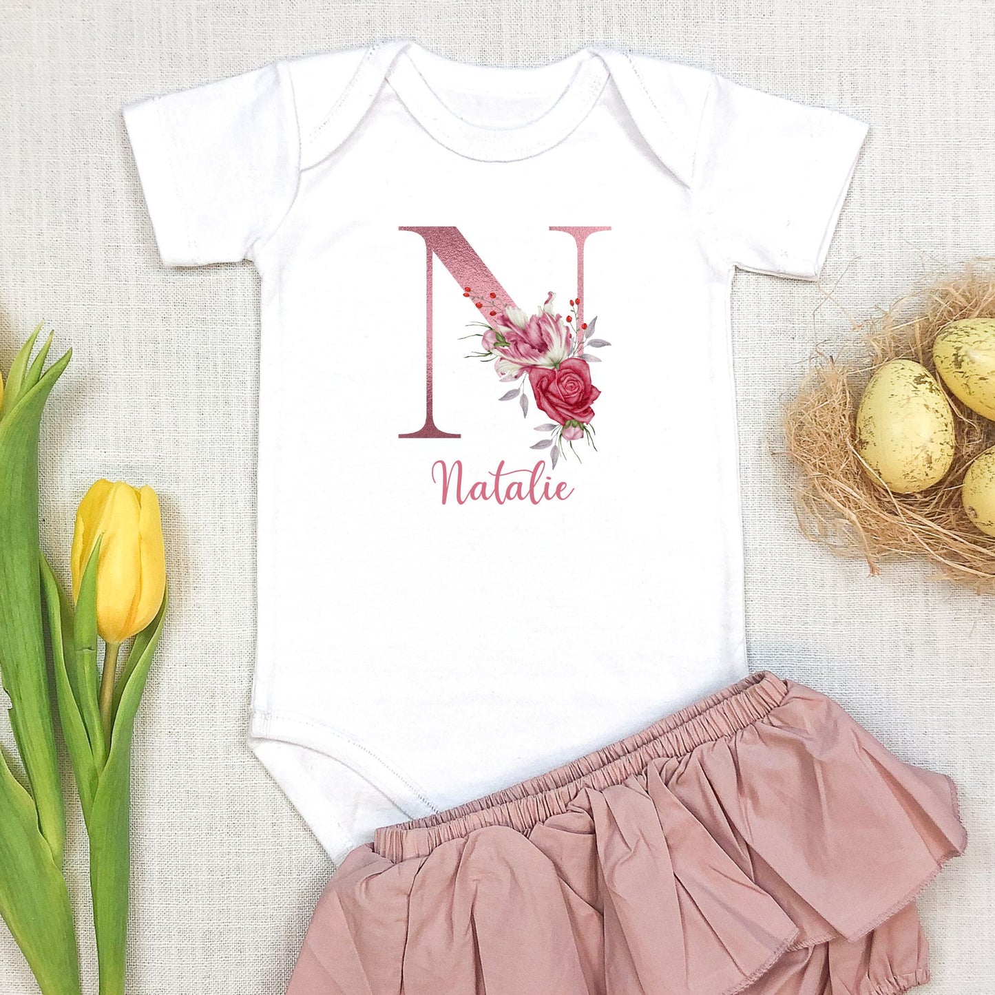 Personalized "Blossom Initial Name" Baby Romper / Baby Tees