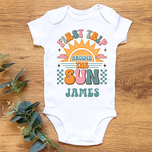 Personalized "First Trip Around the Sun" Baby Romper / T-Shirt