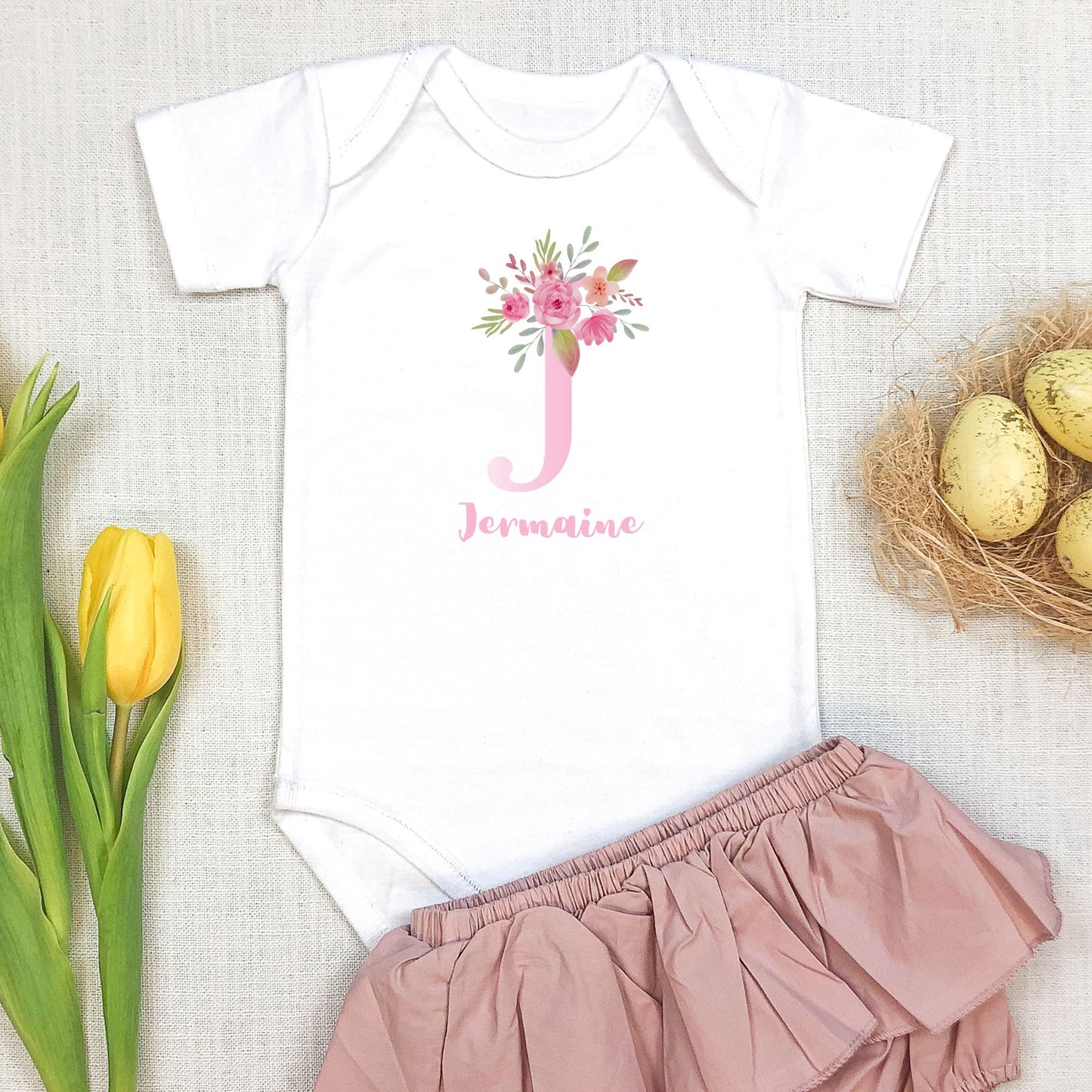 Personalized "Floral Initial Name" Baby Romper / Baby Tees