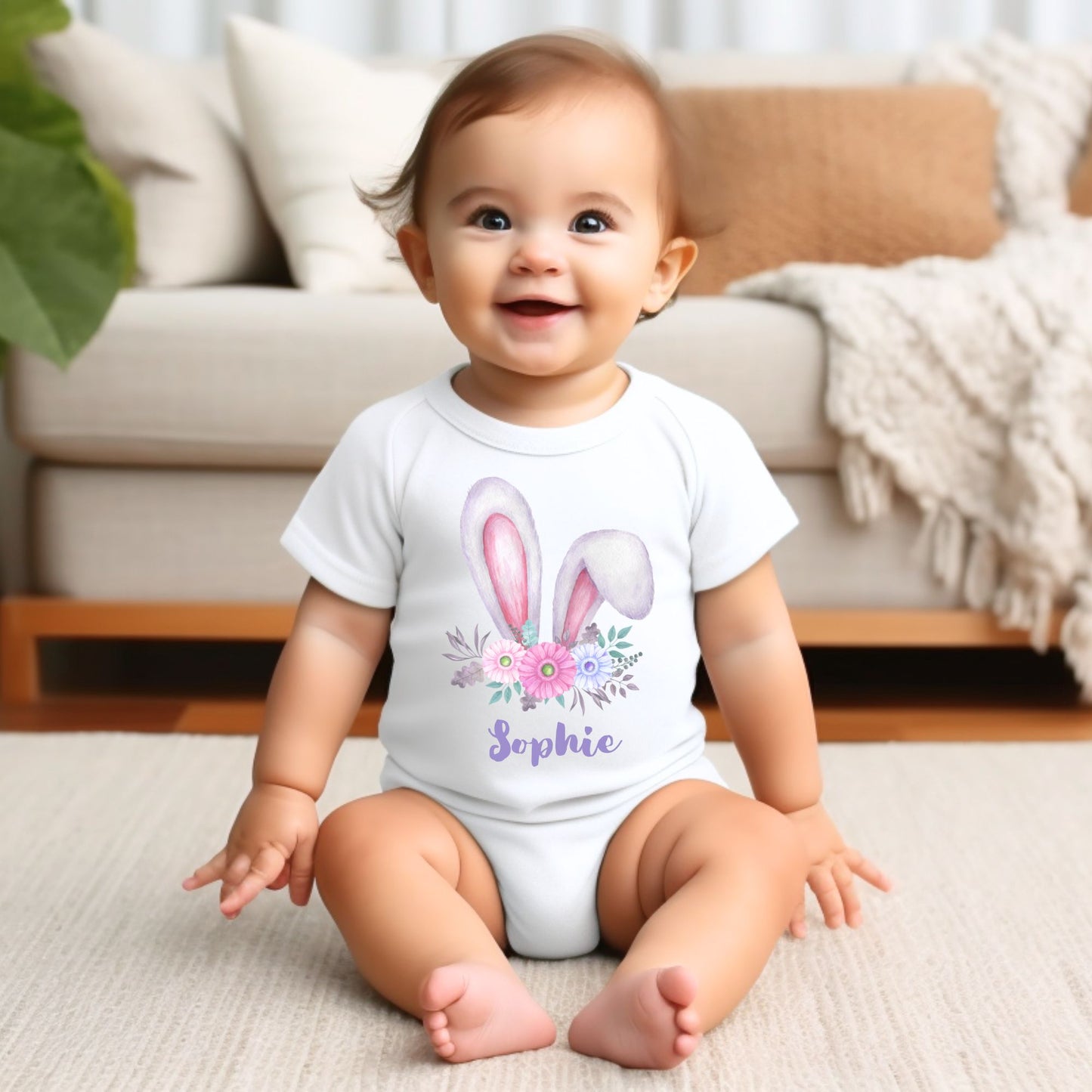 Personalized "Gentle Floral Charm" Bunny Baby Romper