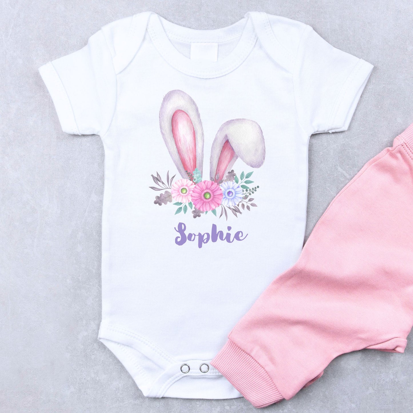 Personalized "Gentle Floral Charm" Bunny Baby Romper