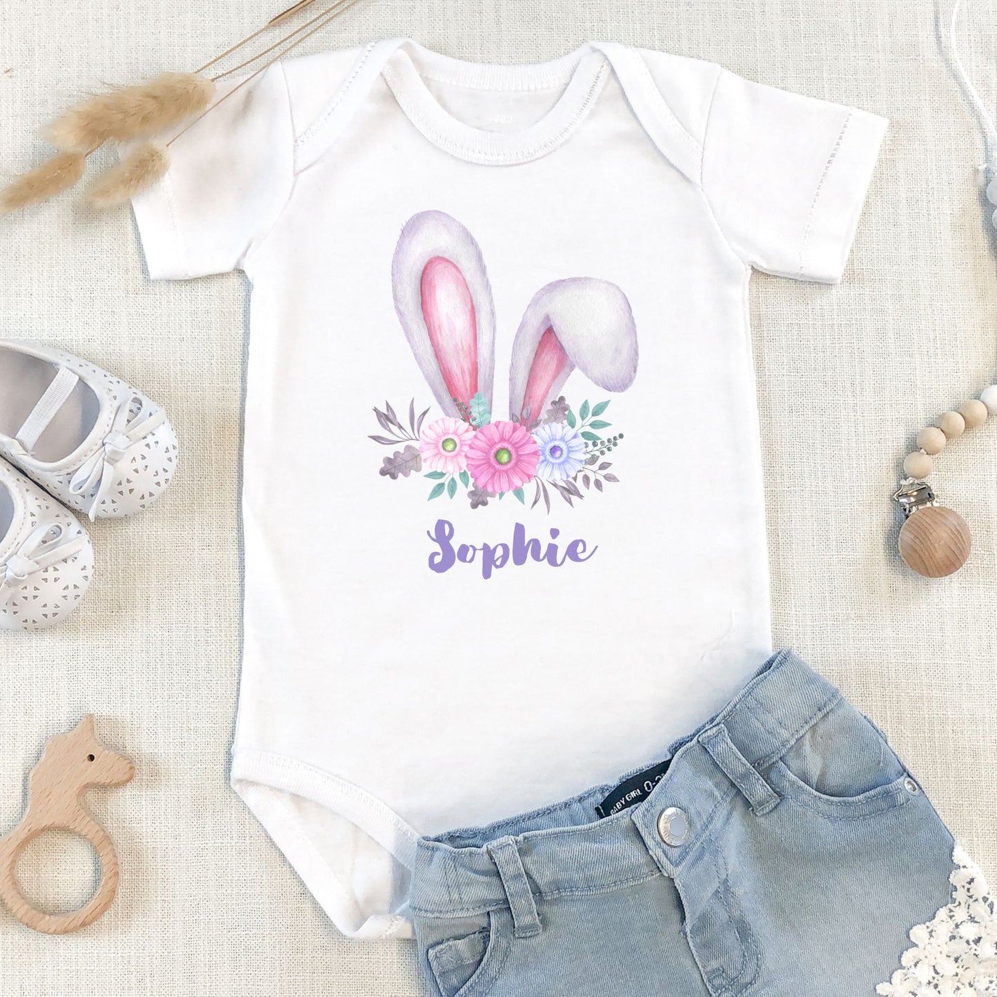 Personalized "Gentle Floral Charm" Bunny Baby Romper