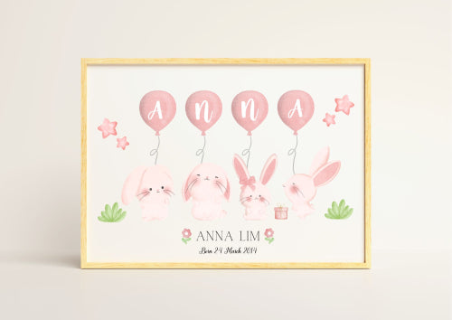 Personalized Baby Name Poster with Adorable Bunnies