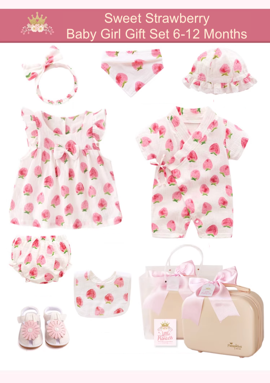 10 Pc Sweet Strawberry Baby Girl Gift Set 6-12 Months
