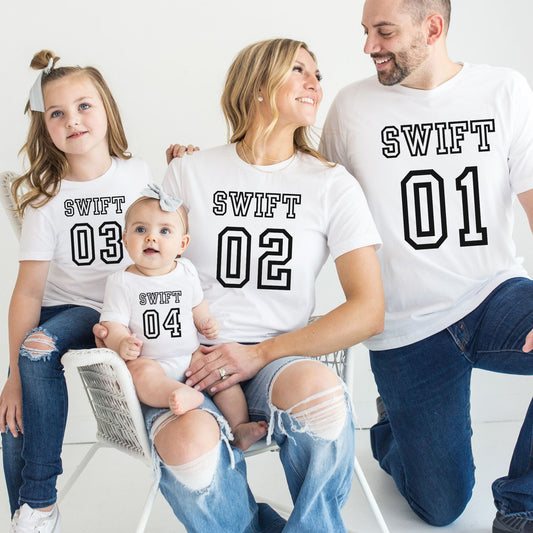 Family Squad Number Matching Tees and Baby Romper Set