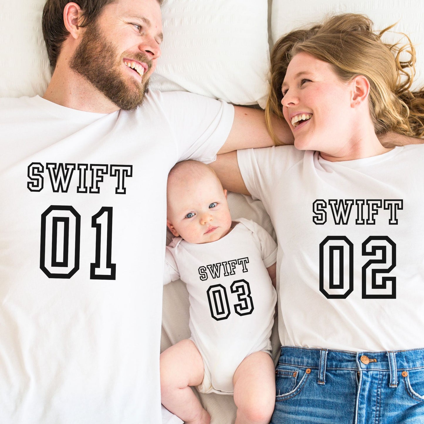 Family Squad Number Matching Tees and Baby Romper Set
