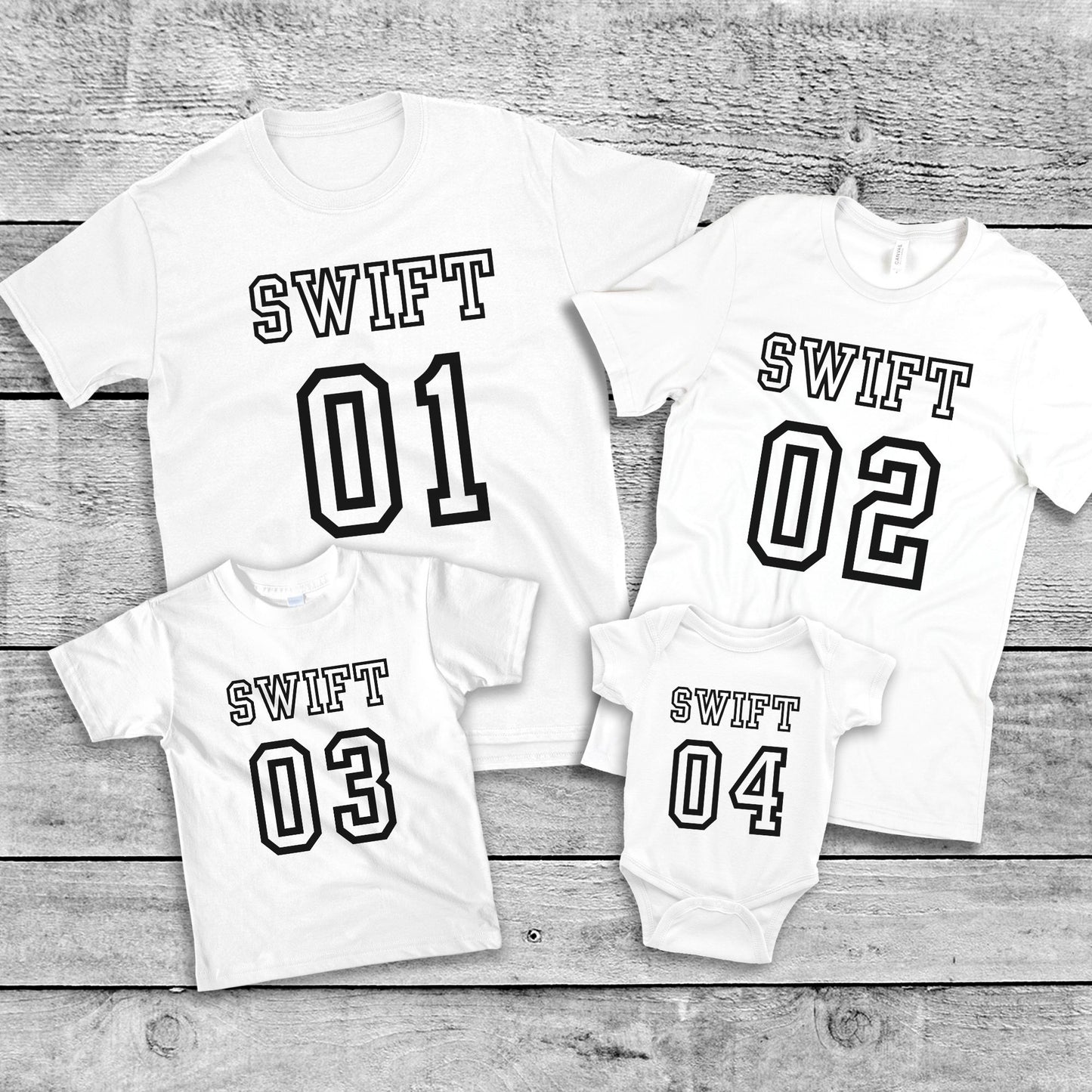 Family Squad Number Matching Tees and Baby Romper Set
