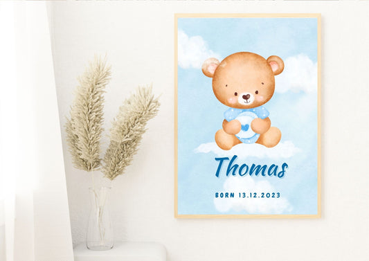 Teddy's Sky Adventure Personalized Baby Nursery Poster